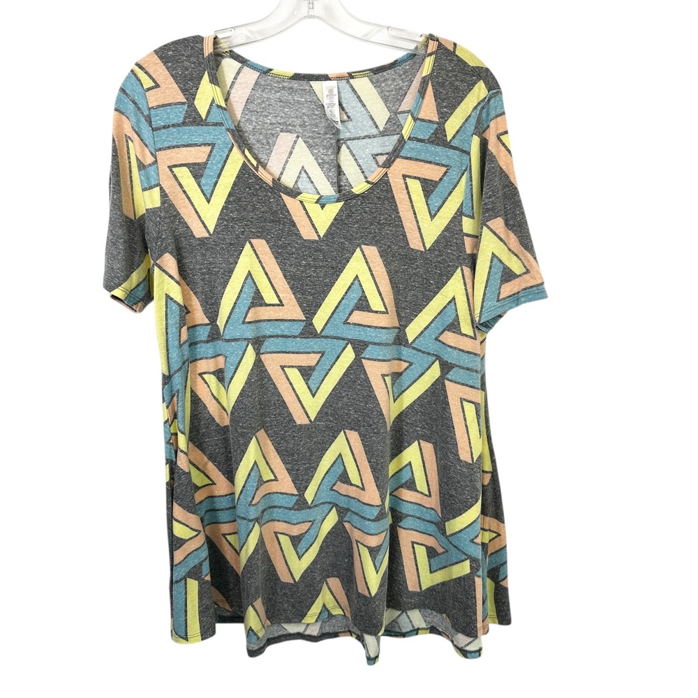 LuLaRoe Small Tunic Top Short Sleeve Geometric Print Gray Artsy Retro Office 452